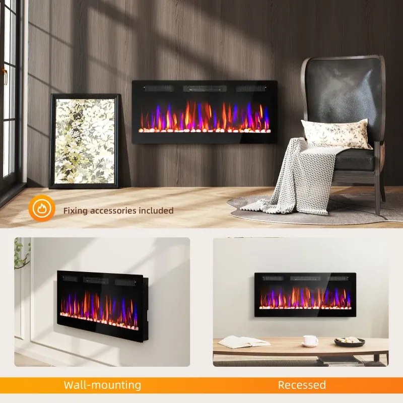 Lareira Elétrica Ultrafina de Parede e Embutir com Chama 3D Brilho/Velocidade Ajustável 12 Cores Pedras 900/1800W 106,7x9,4x47 cm Preto