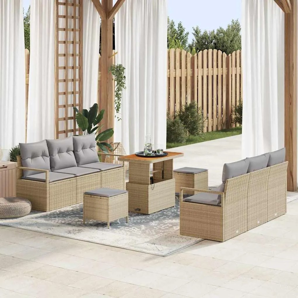 vidaXL Conjunto de Sofá para Jardim 9 Peças com Almofadas Beiges em Rattan Sintético e Acácia.
