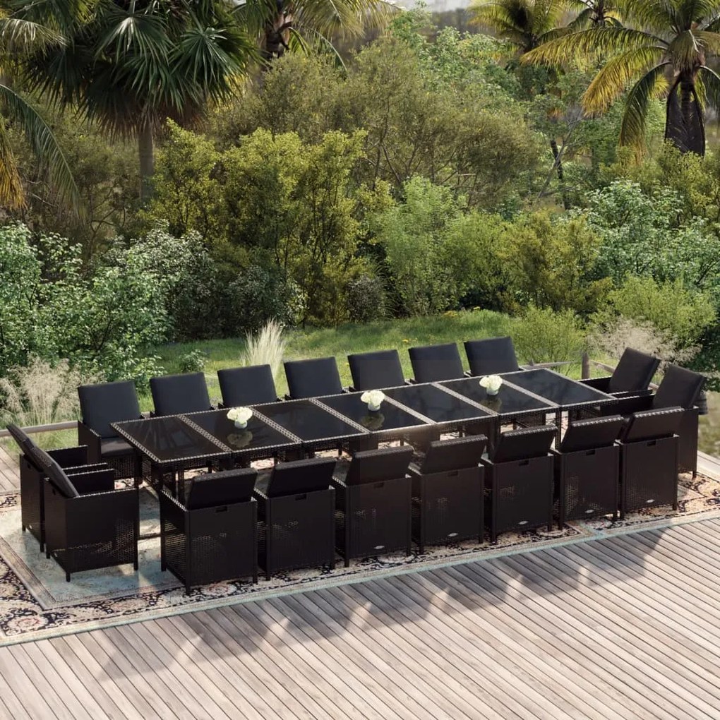 vidaXL 19 pcs conjunto jantar p/ jardim c/ almofadões vime PE preto