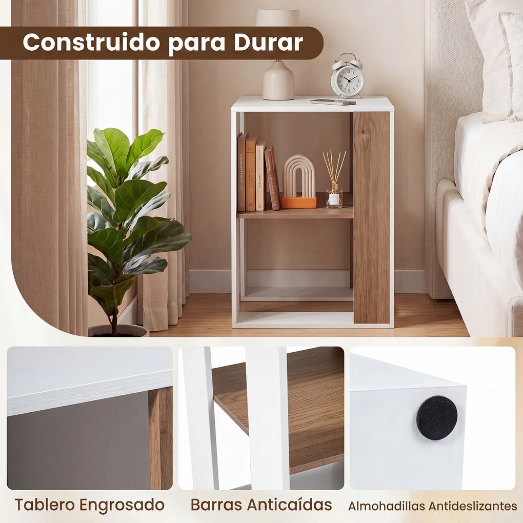 Mesa Auxiliar de 2 Níveis, 45 x 45 x 60 cm, Estante de Arrumação Aberta, Natural + Branco