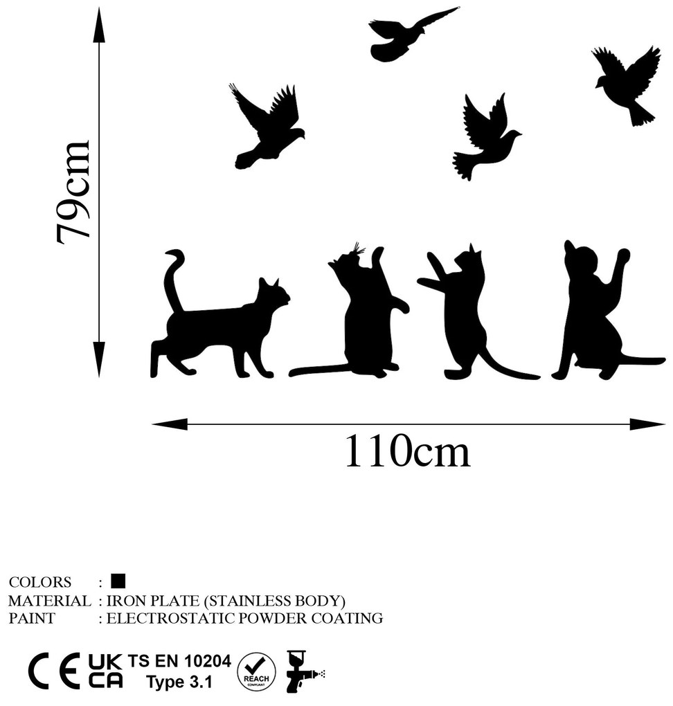 Acessório de Parede Decorativo em Metal Birds Playing With Cats – Pret