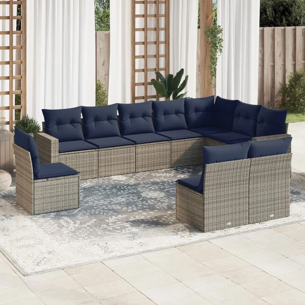 vidaXL 10 pcs conjunto sofás p/ jardim c/ almofadões vime PE cinzento