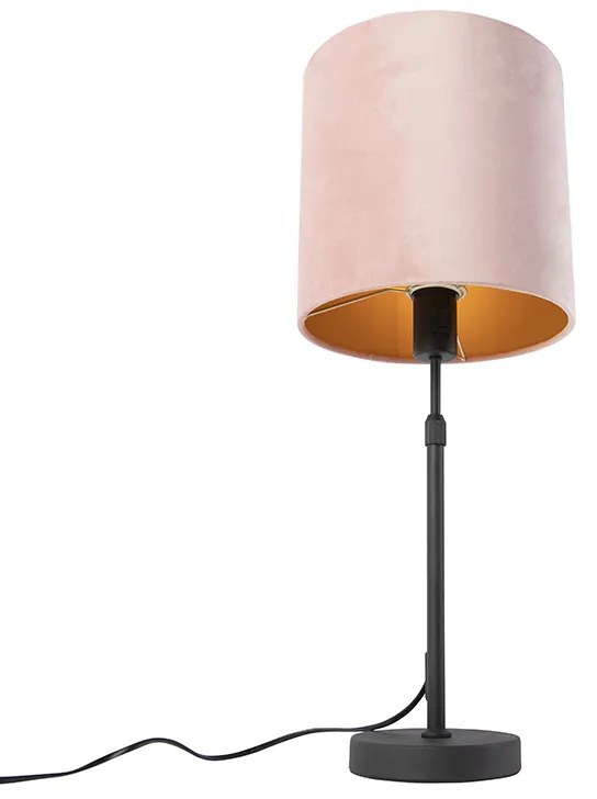 Candeeiro de mesa preto com cúpula em veludo rosa com dourado 25 cm - Parte Clássico / Antigo