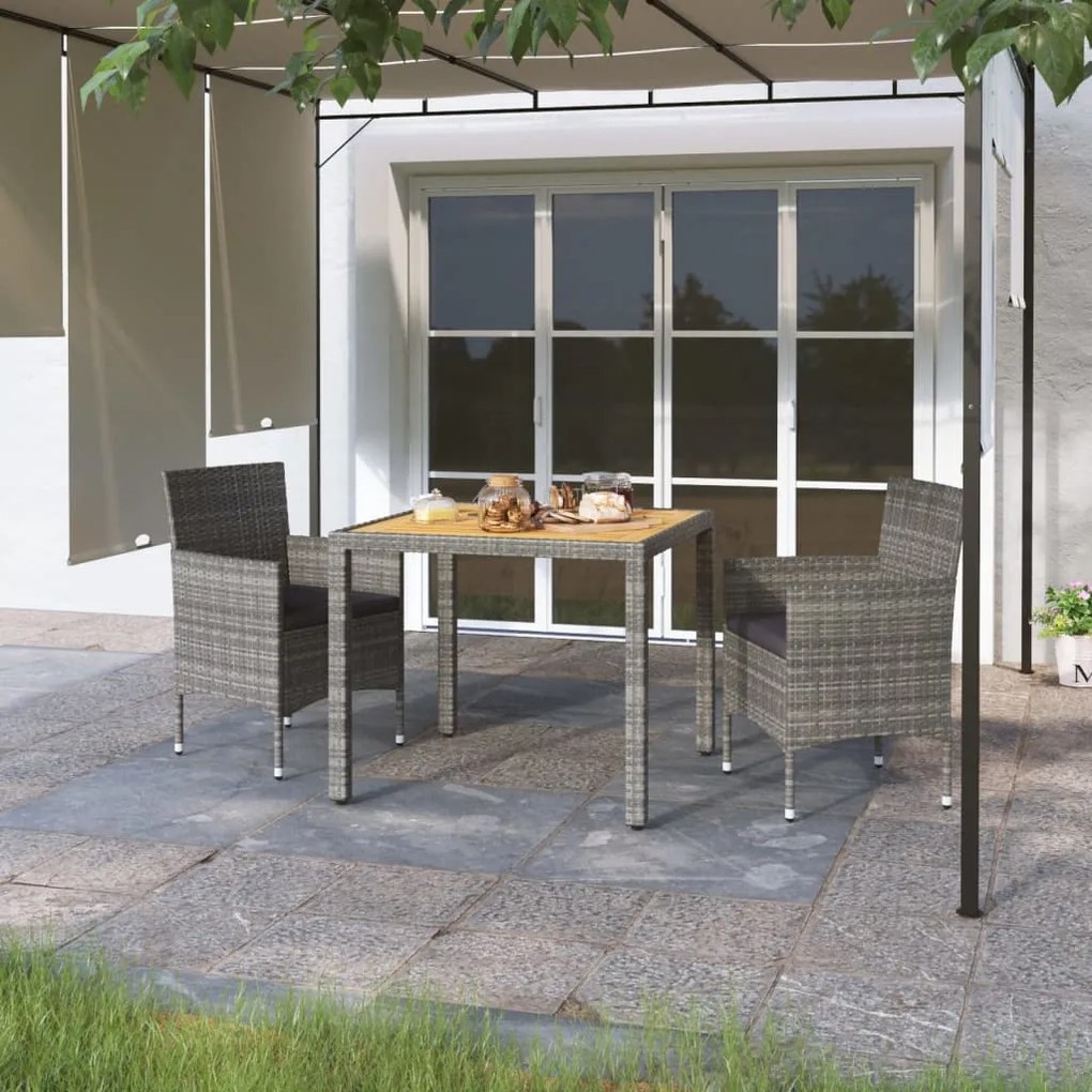 vidaXL 3 pcs conjunto jantar jardim vime PE e acácia maciça cinzento