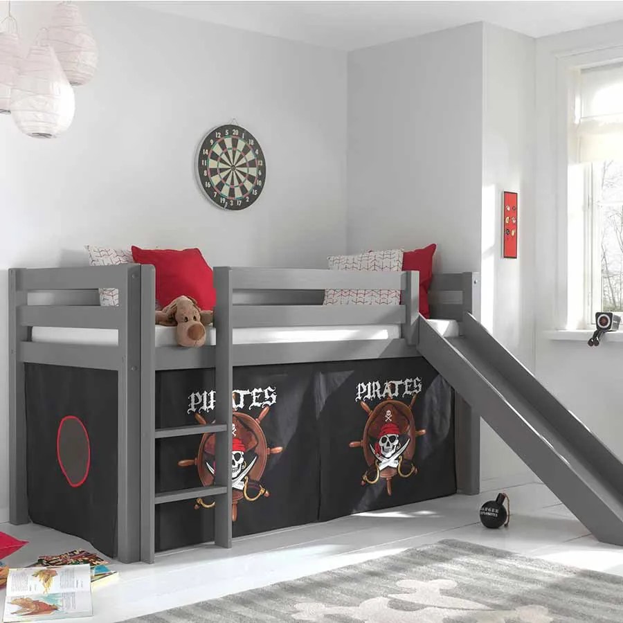 Conjunto Cama alta de Criança PINO 90 x 200 cm + estrado + escada + escorrega + cortina Piratas Cinzenta