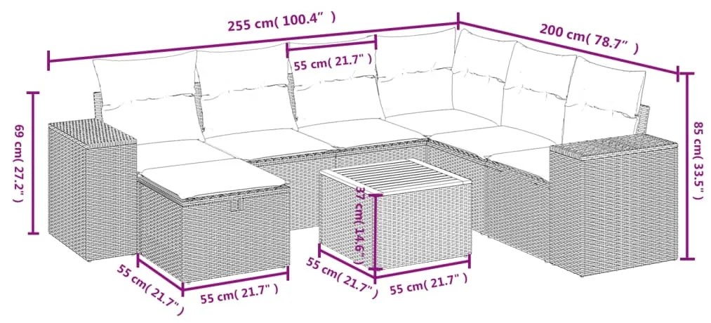 8 pcs conjunto sofás de jardim com almofadões vime PE preto