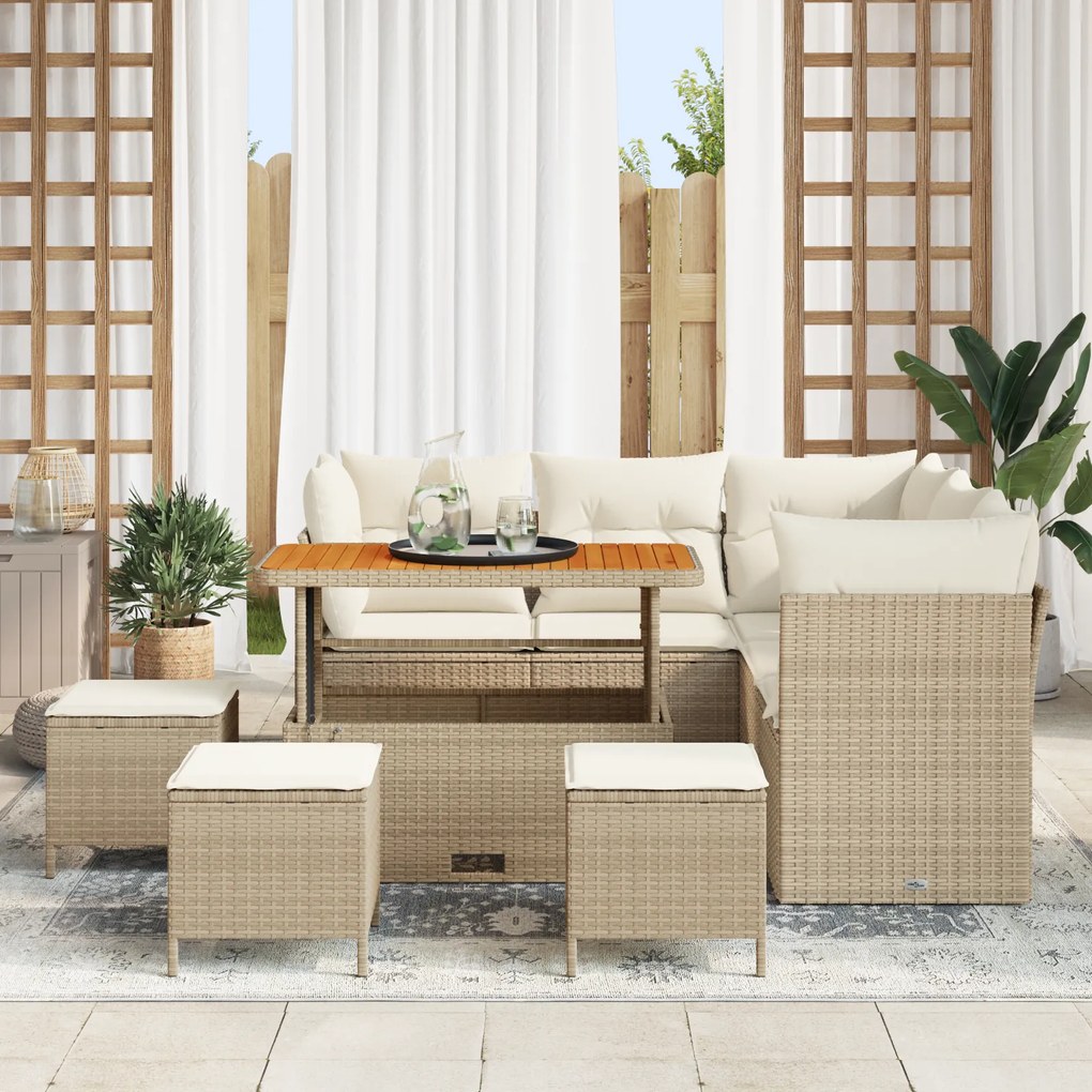 Conjunto de Sofá de Jardim com Almofadas 9 Peças Bege Rattan Polipropi