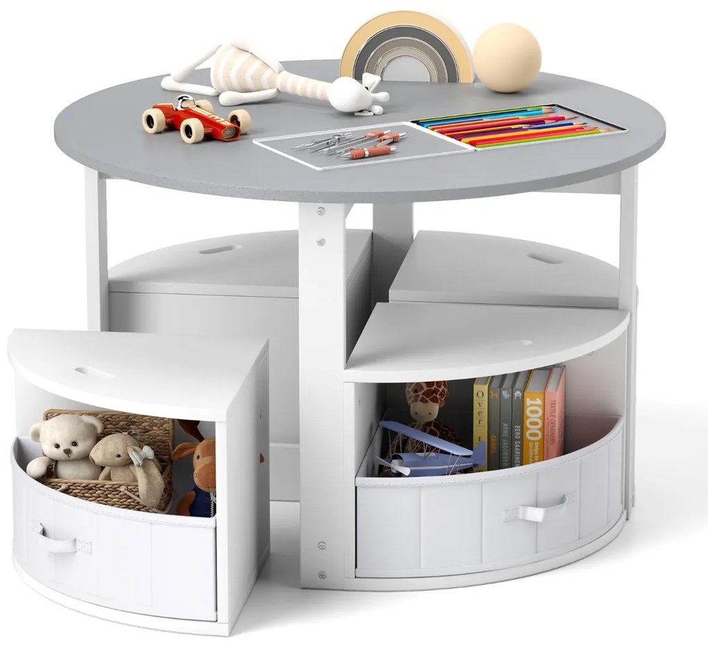 Conjunto de mesa redonda e 4 bancos para crianças com 4 caixas de actividades em tecido Cinzento + Branco