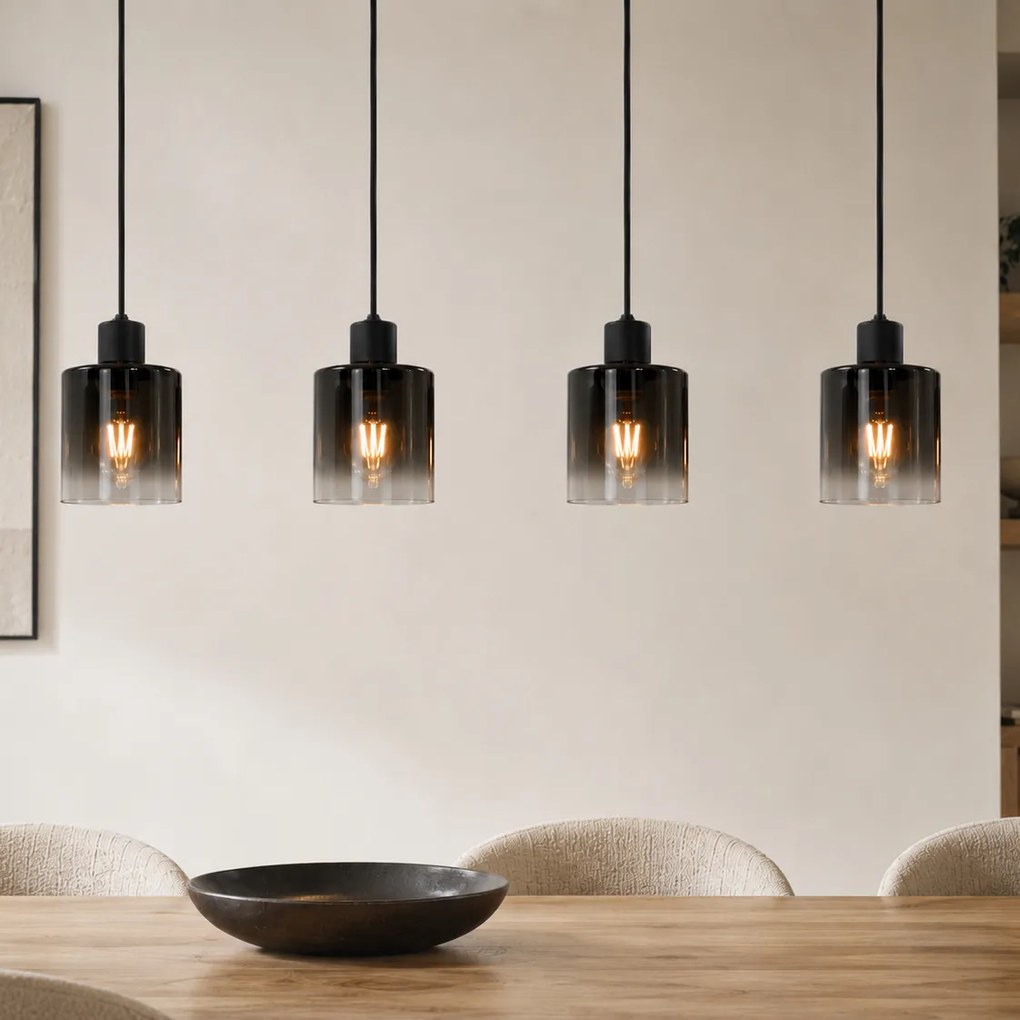 Candeeiro Pendente Moderno Preto com Vidro Fumê 4 Luzes - Dame