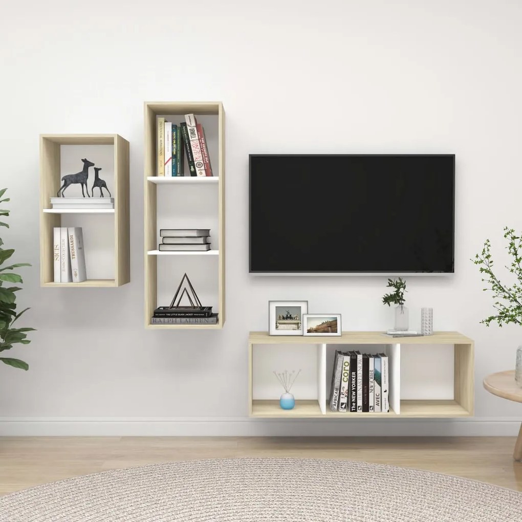 vidaXL 3 pcs conj. móveis TV derivados madeira branco/carvalho sonoma