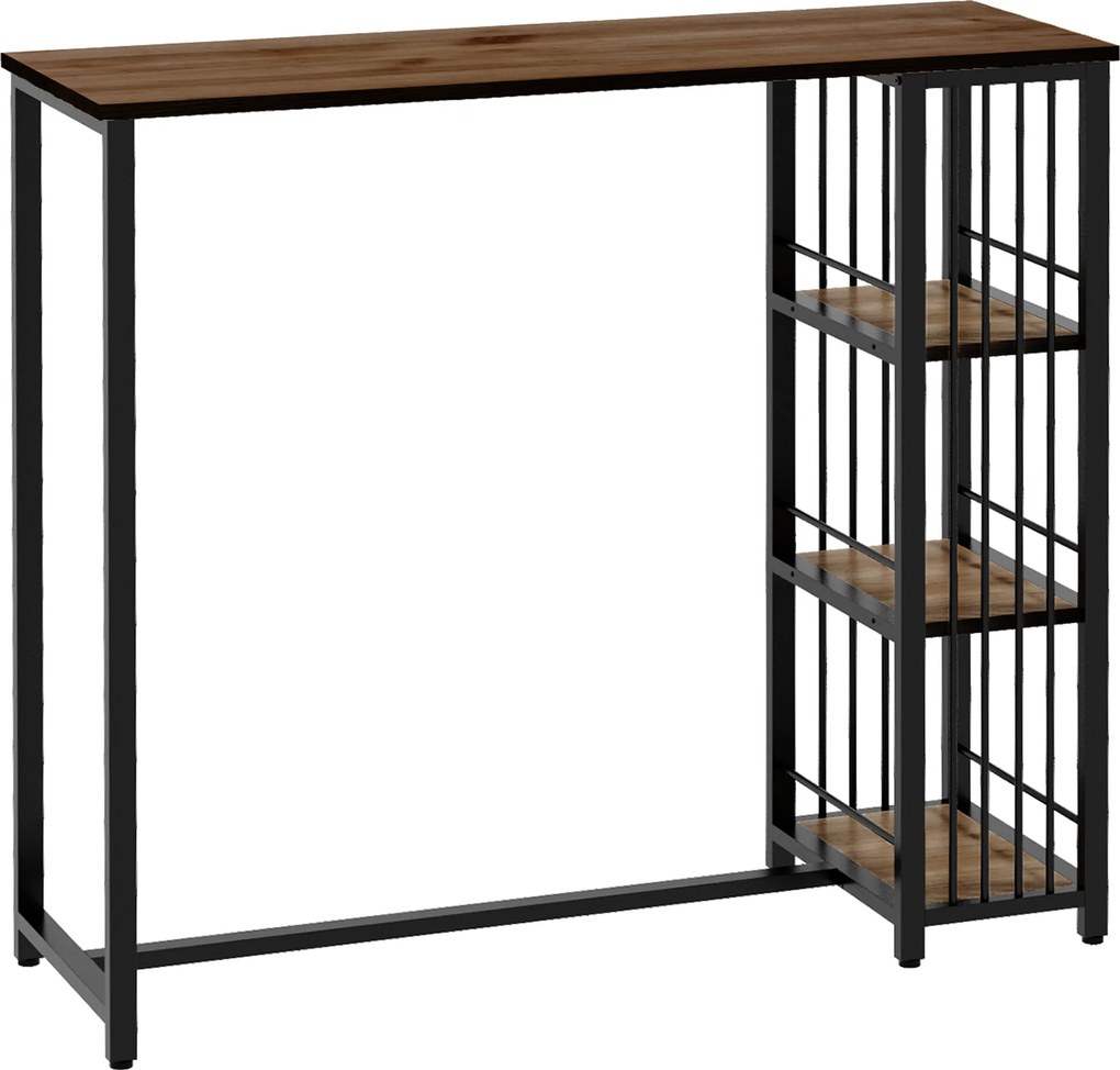 Mesa Alta de Cozinha com 3 Prateleiras Mesa de Bar Retangular para 2 Pessoas Pés de Aço 120x40x105 cm Castanho e Preto
