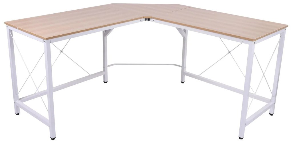 HOMCOM Secretária em Forma de L Secretária para Escritório com Estrutura de Metal Secretária de Canto 150x150x76 cm Branco e Madeira