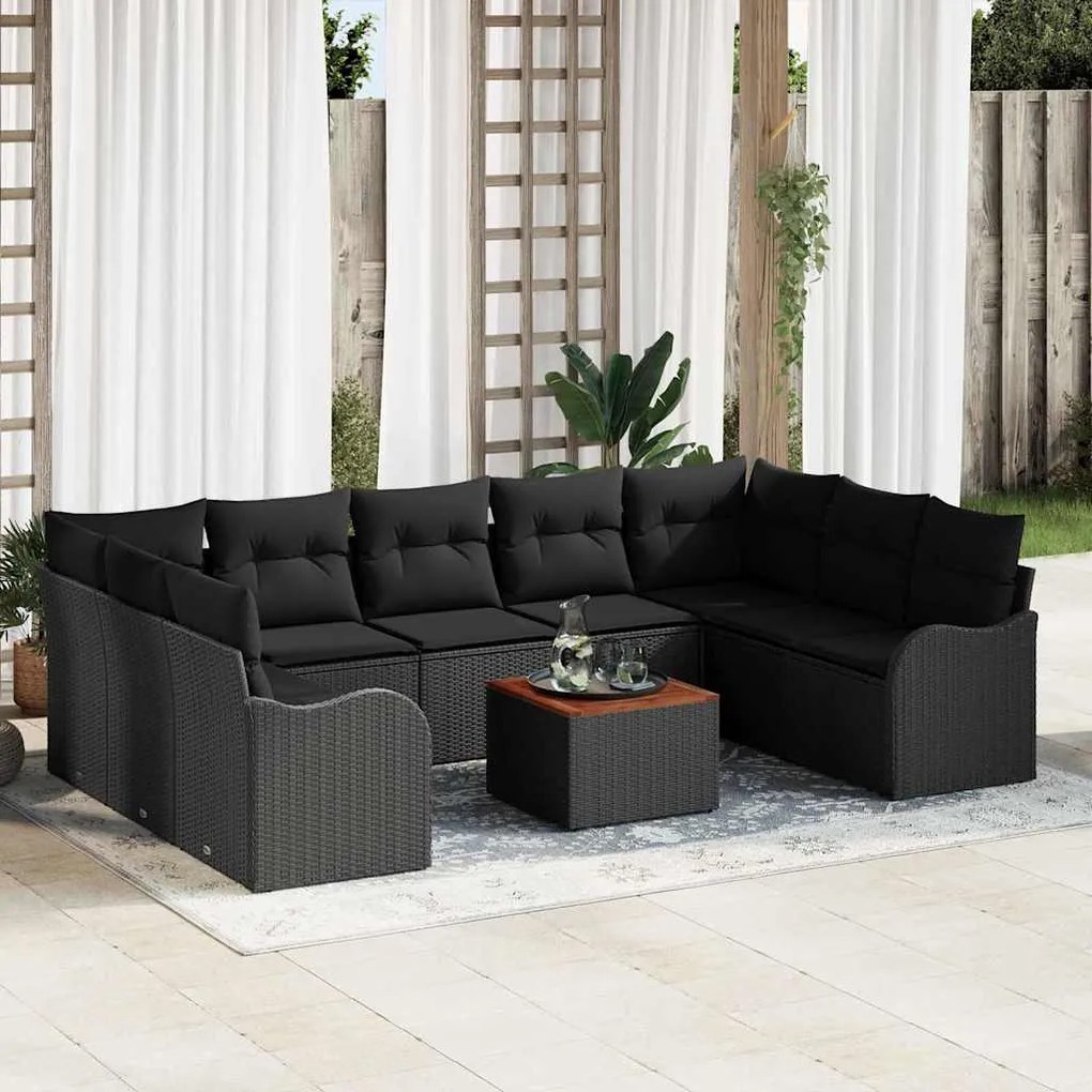 vidaXL Conjunto de Sofá de Jardim com almofada 10 pcs Preto vime PE