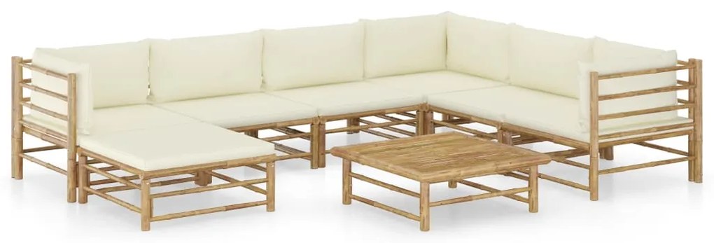 8 pcs conj. lounge p/ jardim em bambu c/ almofadões branco nata