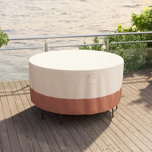 Capa impermeável para mesas redondas de exterior para conjuntos de móveis com fivelas de ventilação e cordões Cobertura impermeável 213 cm (L) Bege