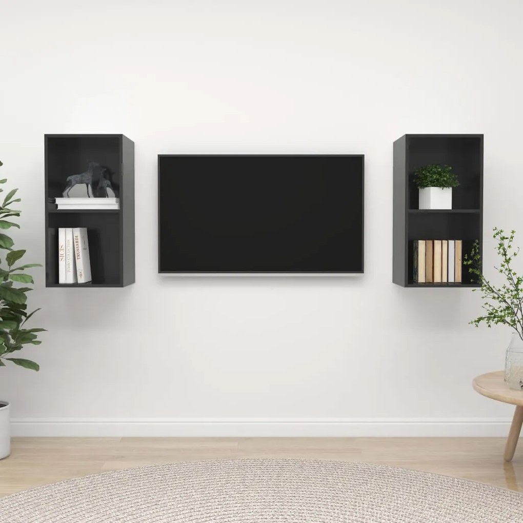 Armários de parede p/ TV 2pcs derivados madeira cinza brilhante