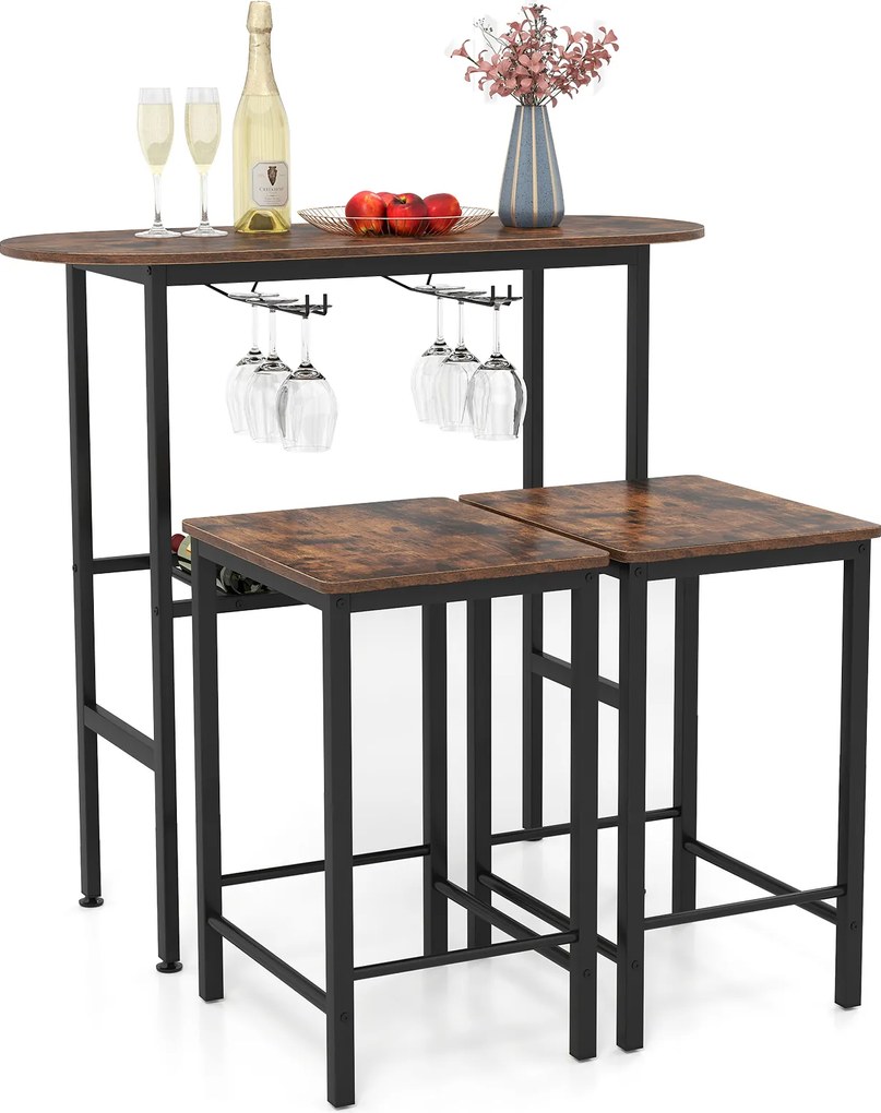 Conjunto de mesa de bar com 2 bancos com suportes para copos de vinho e garrafas, estilo vintage Castanho rústico + Preto
