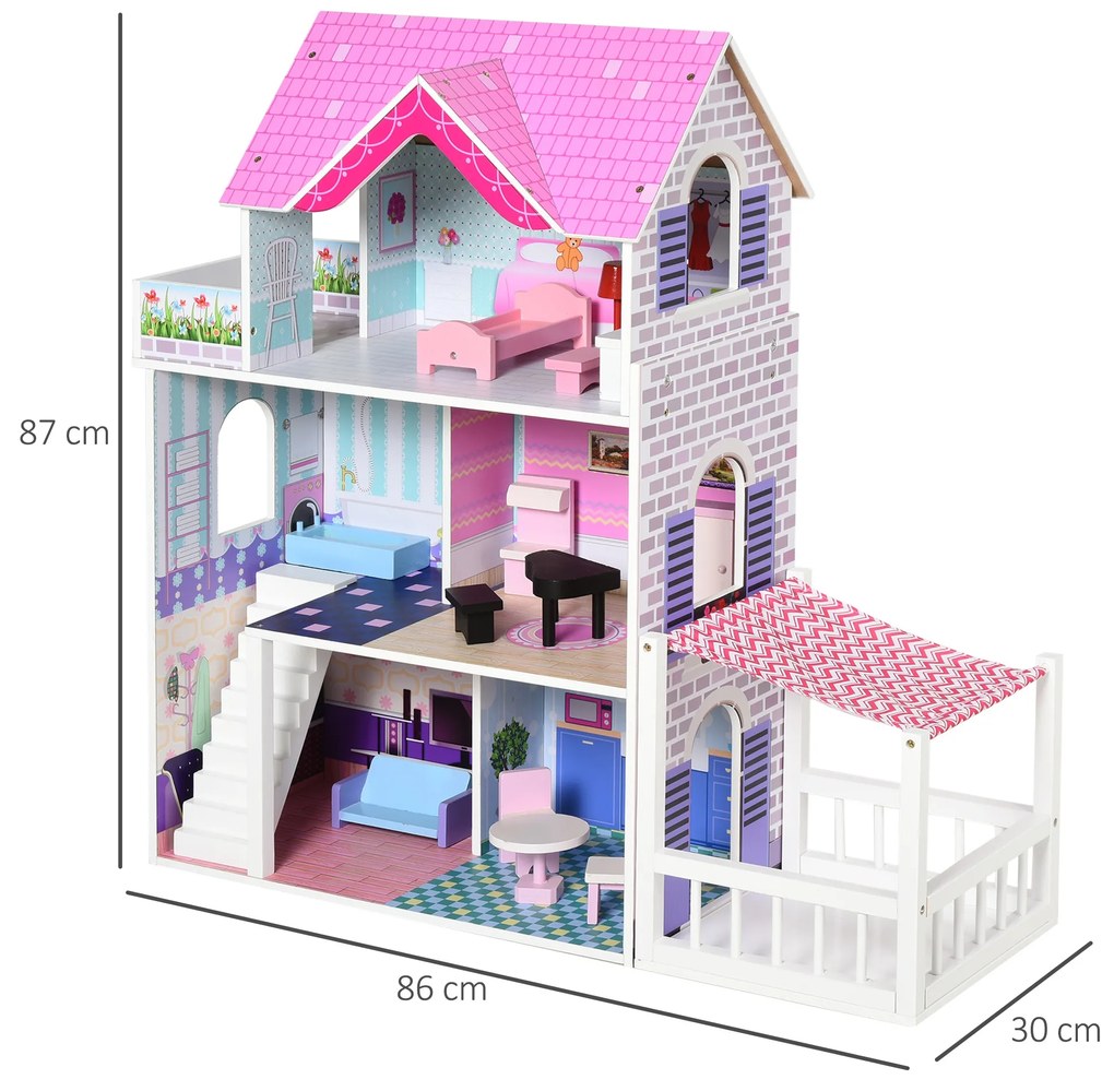 Casa de bonecas de vários níveis de madeira para crianças acima de 3 anos 86 x 30 x 87 cm