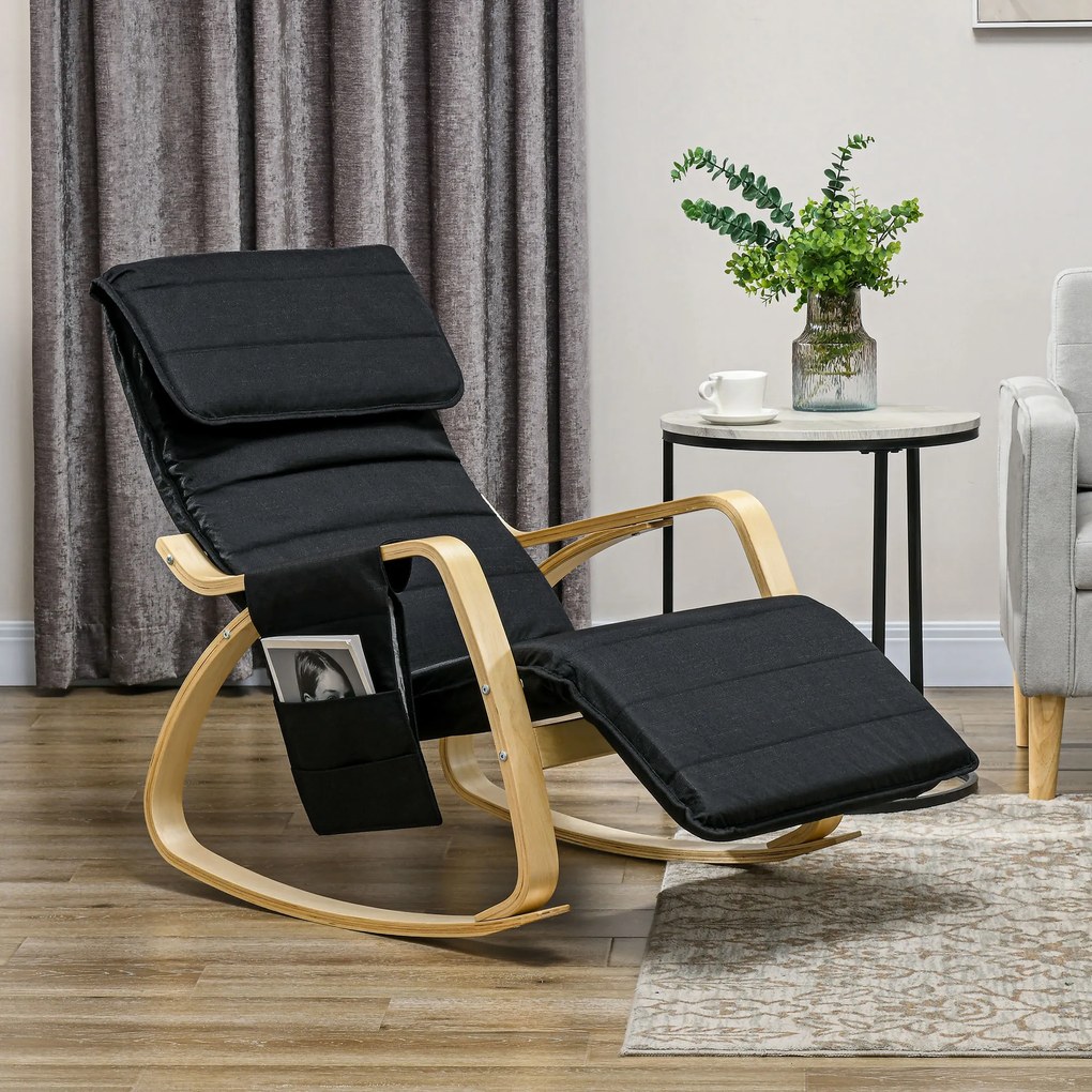 Cadeira de baloiço relaxante basculante para amamentação com apoio para os pés ajustável, bolso lateral e apoio para a cabeça, preta