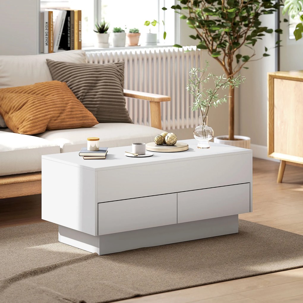 Mesa de centro com altura ajustável, mesa de sala com compartimento oculto e 2 gavetas, 100 x 50 x 44 cm, branca