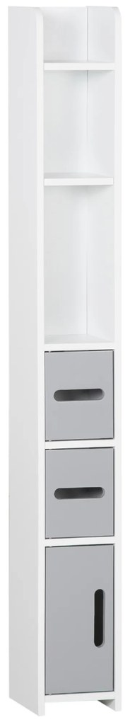 kleankin Coluna Casa de Banho com 3 Portas e 3 Prateleiras Abertas Coluna Auxiliar para Sala de Estar Casa de Banho Dormitório Estilo Moderno 15x17x120cm Branco e Cinza