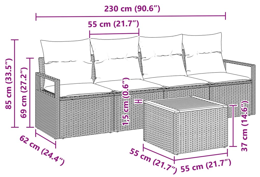 Conjunto de Sofá de Jardim de 5 Peças com Almofadas Bege de Rattan Pol