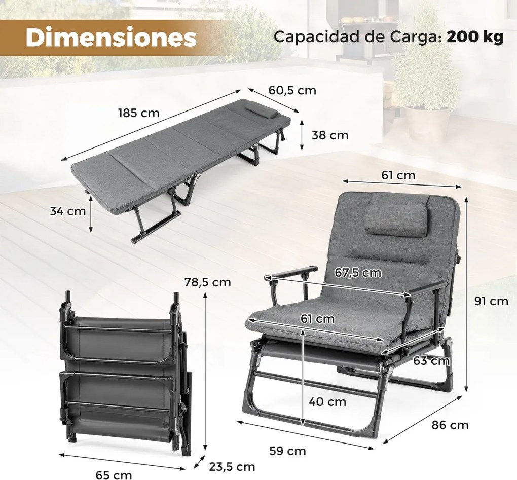 Espreguiçadeira jardim dobrável 3 em 1 com encosto ajustável em 6 posições, almofada e apoio para a cabeça, para jardim, campismo e uso interior e ext