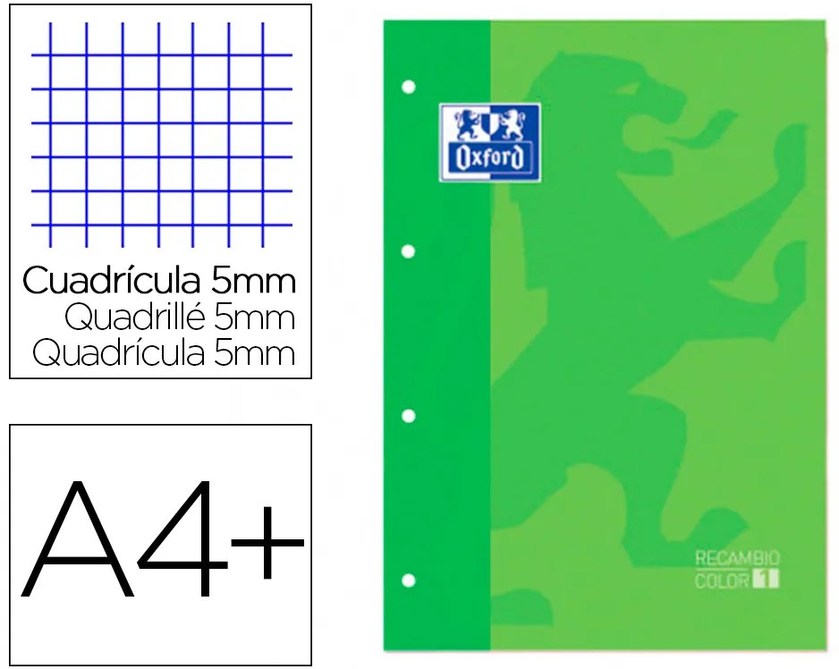 Recarga Cor 1 Oxford Din A4+ 80 Folhas 90 gr Quadricula 5 mm 4 Furos Cor Verde Maca