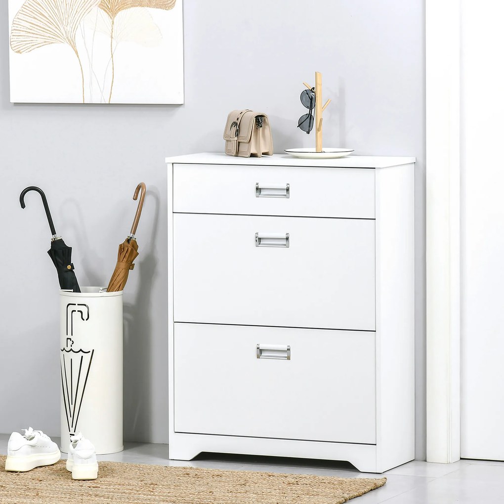 Sapateira com 2 gavetas rebatíveis, prateleira ajustável + 1 gaveta com capacidade para até 16 pares, 70 L x 29 L x 92 A, Branco