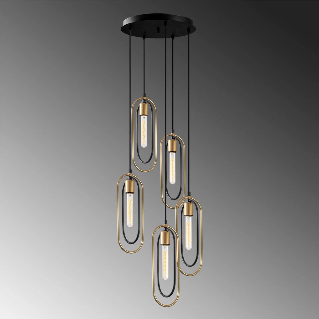Candeeiro Suspenso Cerco – Preto e Dourado – 48 x 48 cm