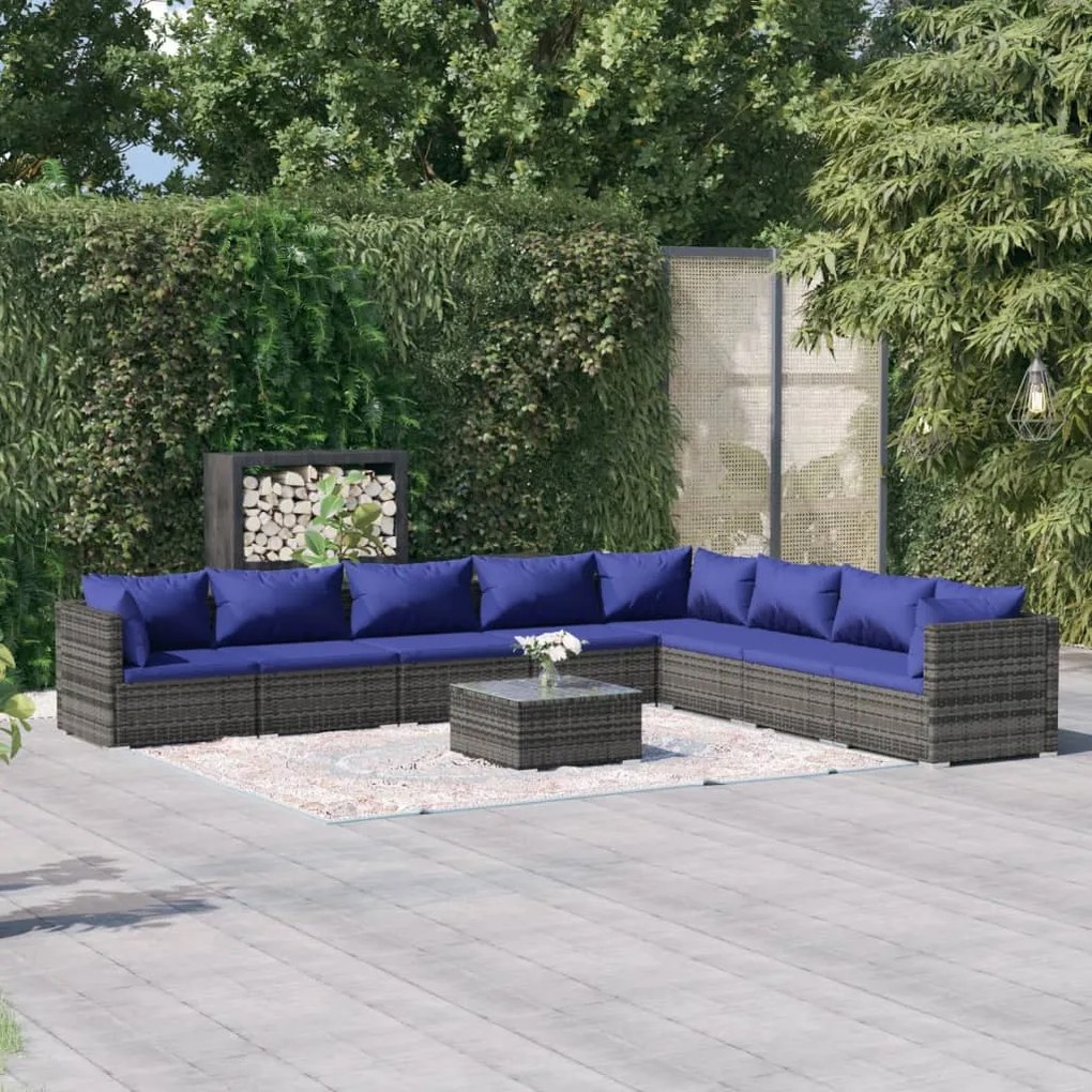 vidaXL 9 pcs conjunto lounge de jardim c/ almofadões vime PE cinzento