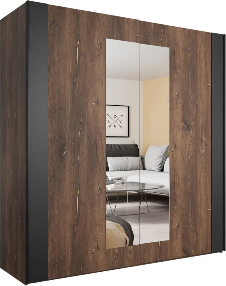 Roupeiro Felelie 100, Carvalho Flagstaf escuro, Preto matte, Cobre, 213x200x64cm, 153 kg, Portas para roupeiro: Deslizante, Número de prateleiras: 2, Número de prateleiras: 2