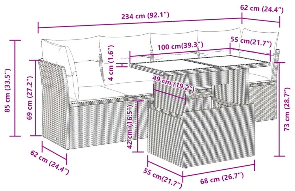 5 pcs conjunto sofás p/ jardim c/ almofadões vime PE castanho