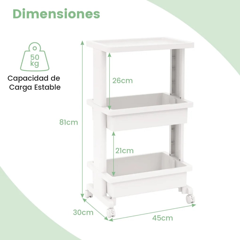 Carrinho de cozinha, Casa de banho 3 níveis com rodas para mesa utilitária de plástico 45 x 30 x 81 cm Branco