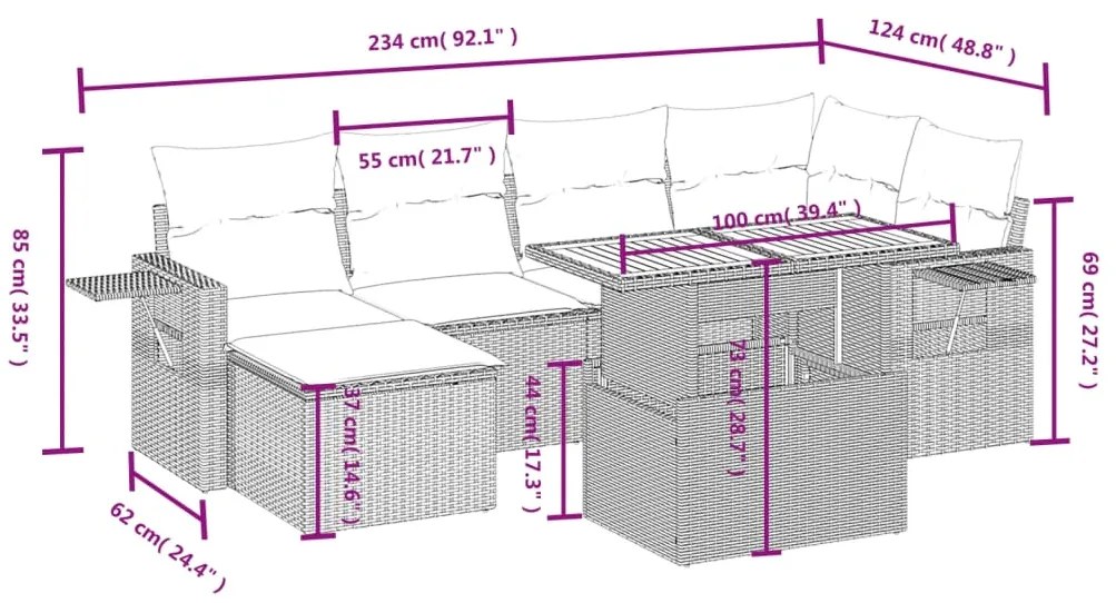 7 pcs conjunto de sofás p/ jardim com almofadões vime PE bege