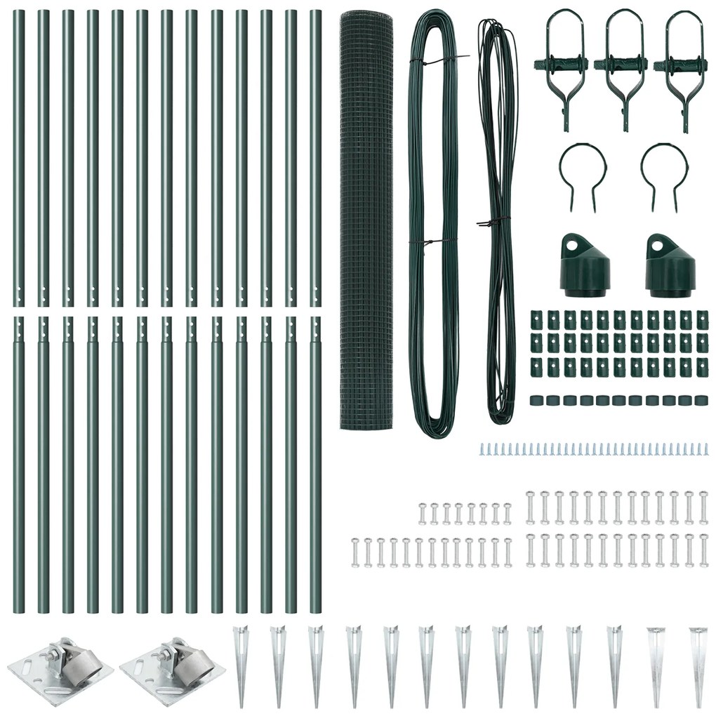 Conjunto de Poste de Cerca Conjunto de 2 Verde Metal 25 x 1 m
