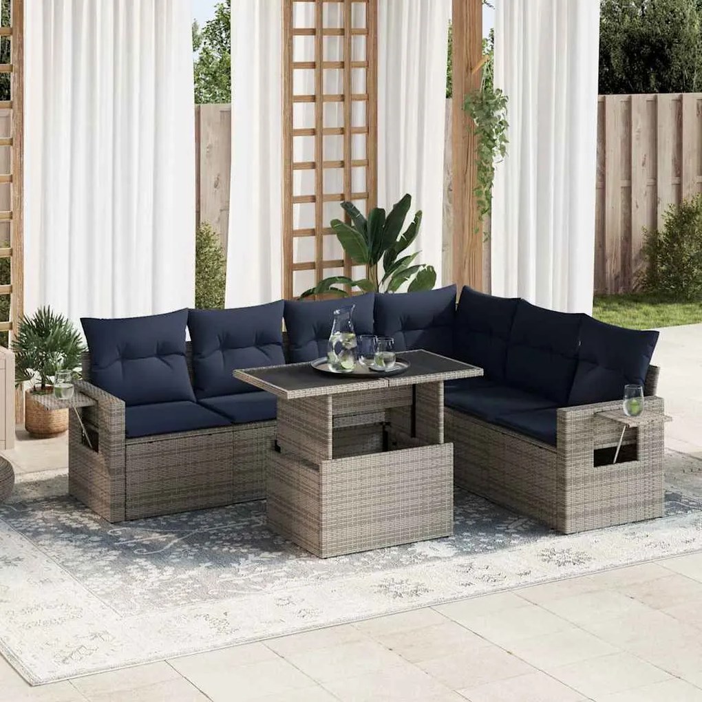 7 pcs conjunto sofás jardim c/ almofadões vime PE/acácia preto
