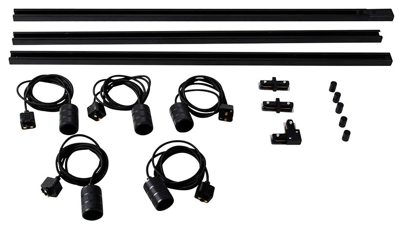 Sistema de calhas moderno com 5 pendentes pretos monofásicos - Iconic Cavalux