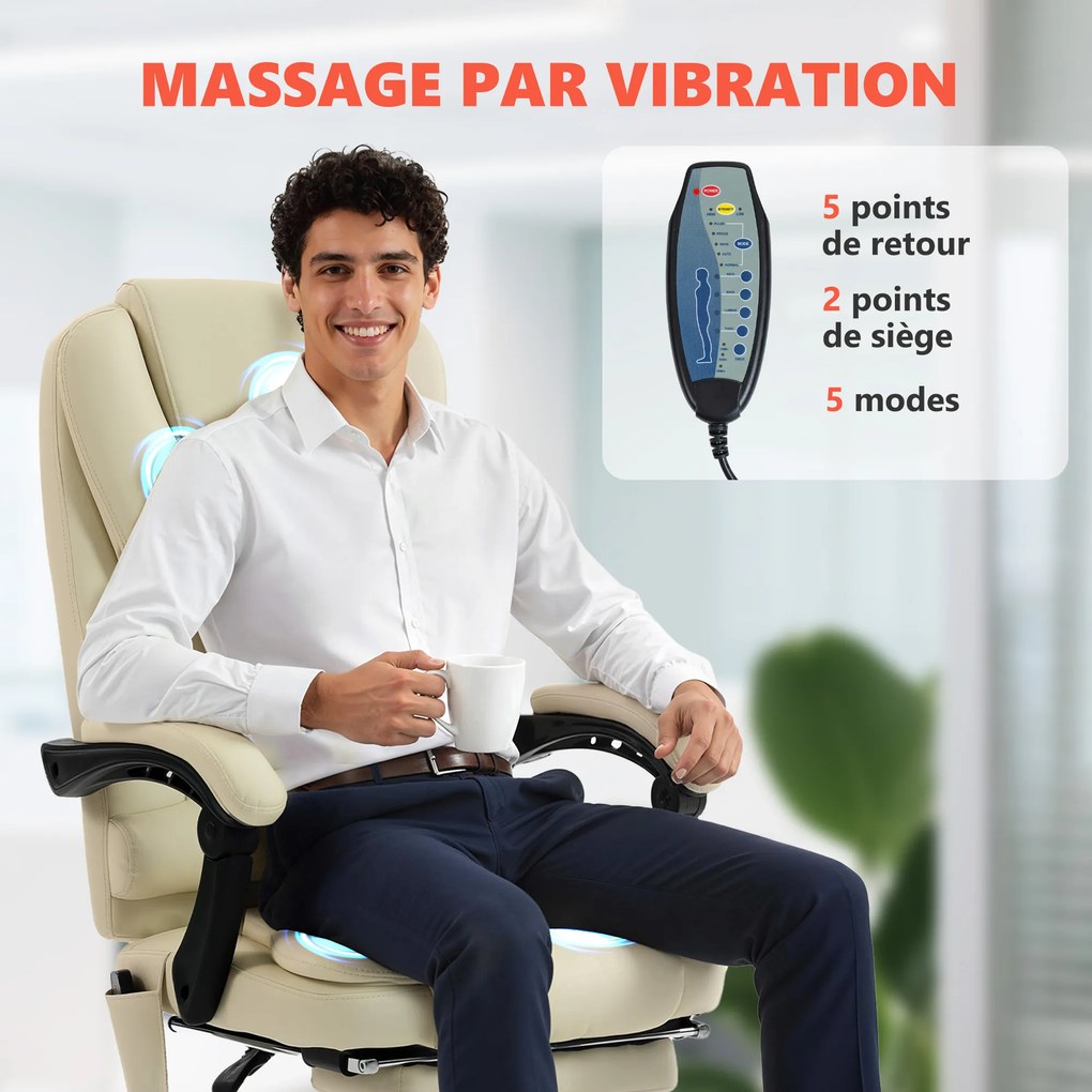 Cadeira de escritório com função de massagem, com altura ajustável, encosto reclinável e comando com fio, bege