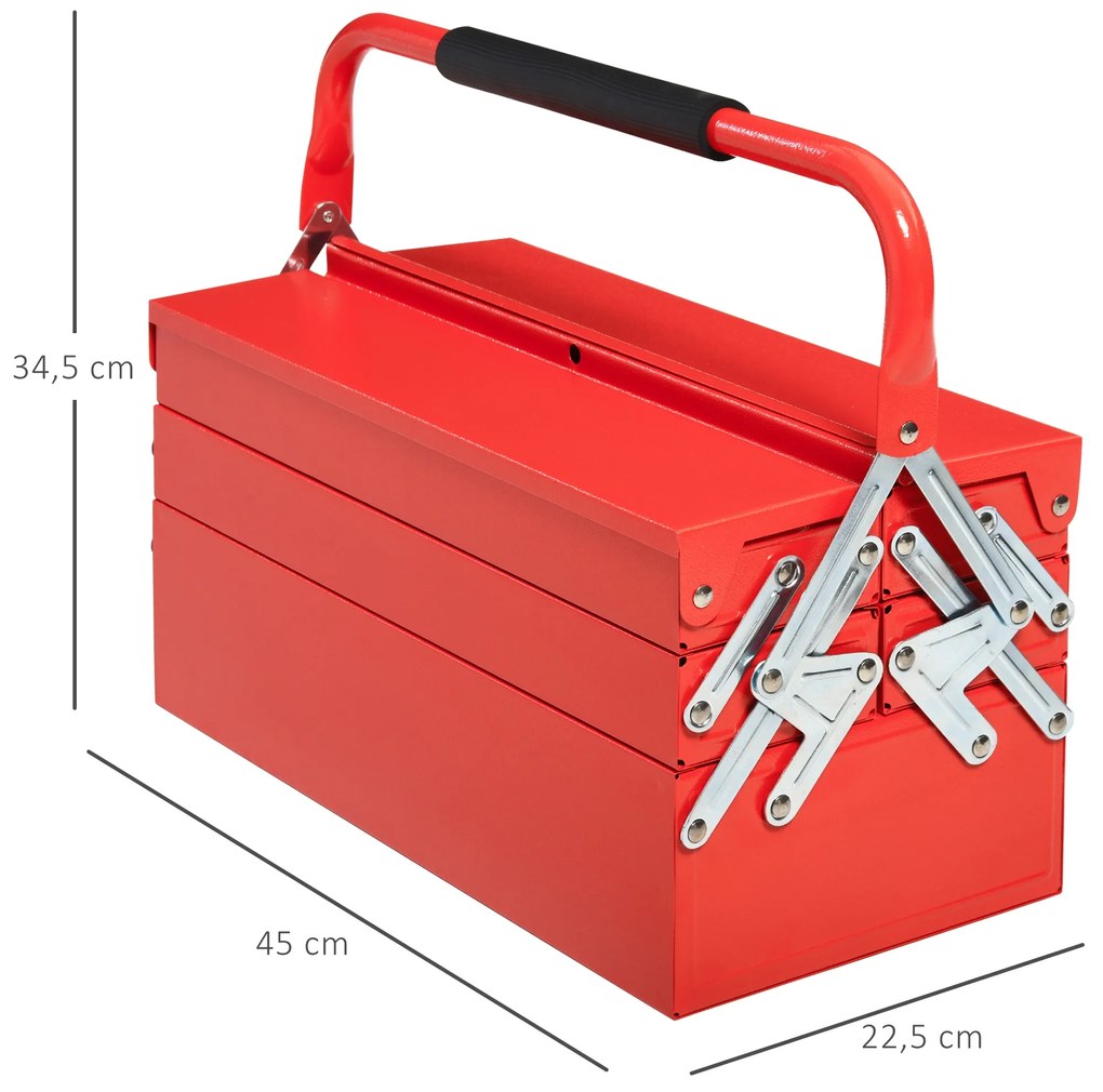 DURHAND Caixa de ferramentas dobrável de aço com 5 compartimentos com alça 45x22,5x34,5 cm Vermelho