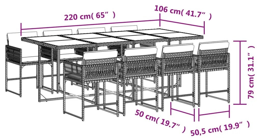 9 pcs conjunto de jantar p/ jardim com almofadões vime PE bege