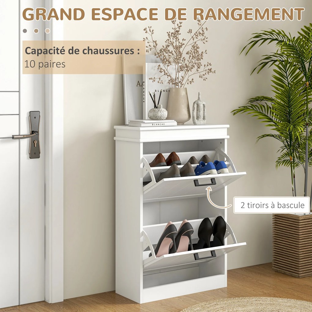 Sapateira com 2 portas basculantes 54 x 24 x 82,5 cm e prateleiras ajustáveis, para a entrada ou corredor, branco
