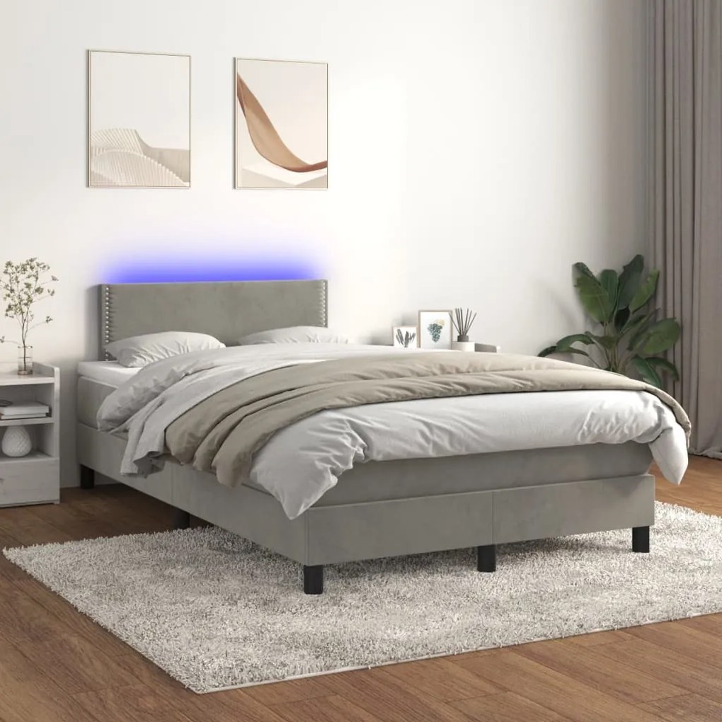 Cama box spring c/ colchão/LED 120x200 cm veludo cinzento-claro