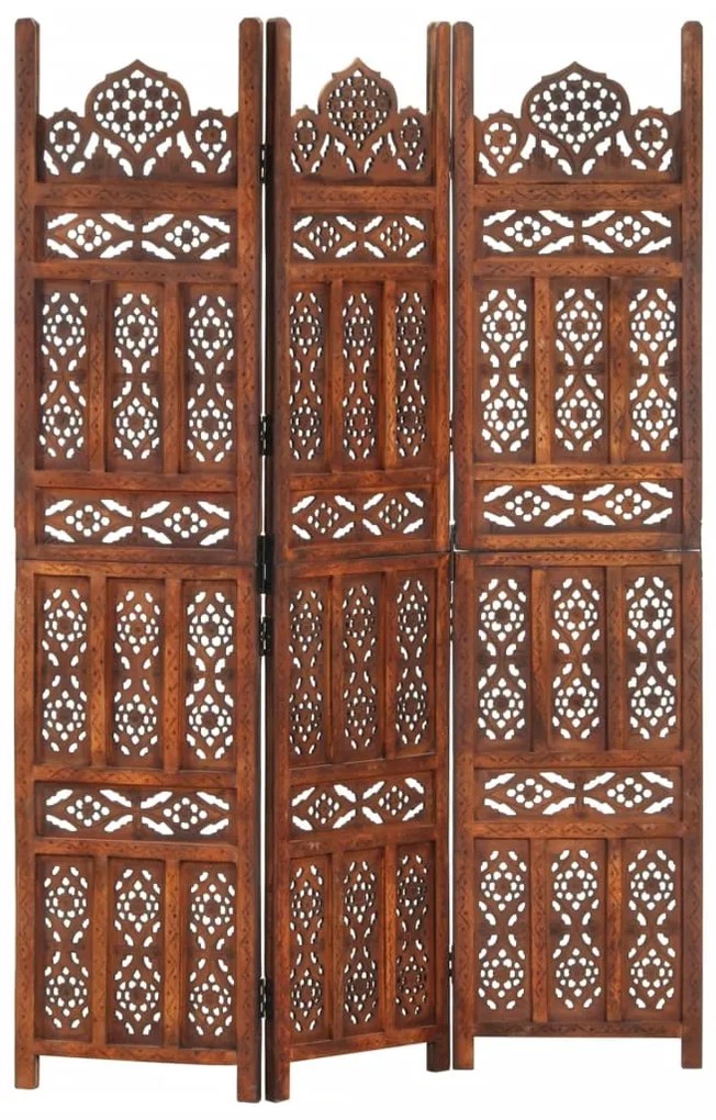 vidaXL Biombo esculp mão 3 painéis 120x165cm mangueira maciça castanho