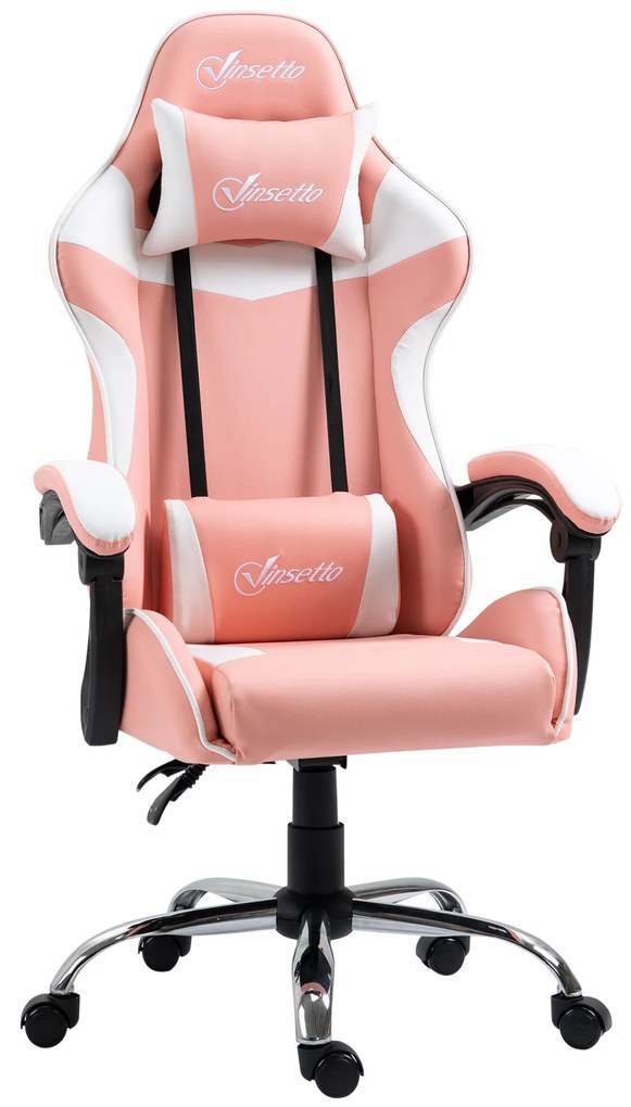 Vinsetto Cadeira Gaming Ergonômica Cadeira para Videojogos Reclinável com Altura Ajustável Apoio para a Cabeça e Almofada Lombar 63x67x122-130cm Rosa e Branco