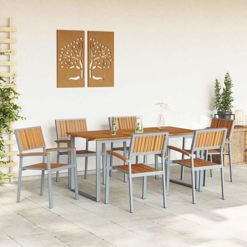 Conjunto de Jantar de Jardim de 7 Peças Cinza em Aço e Madeira de Acác