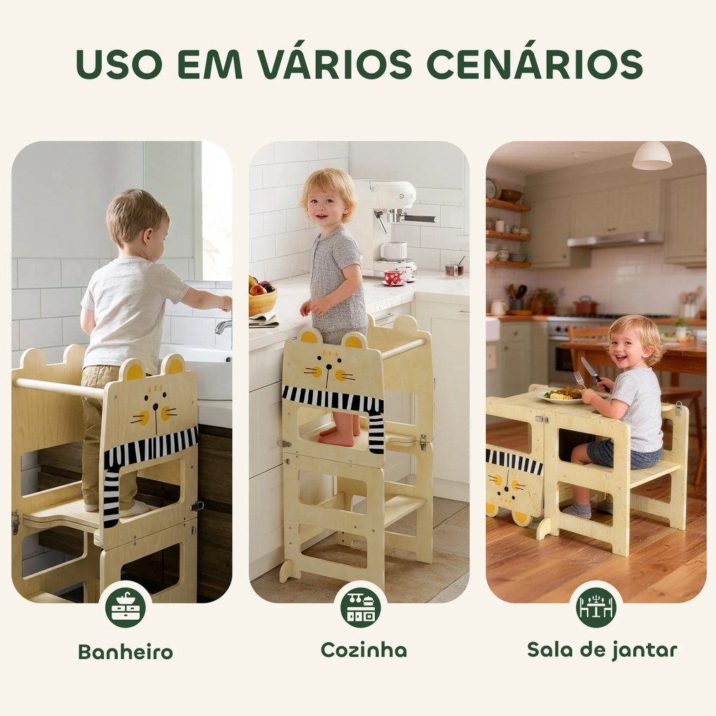 Torre de Aprendizagem 3 em 1 Dobrável Conversível em Secretária e Cadeira com Quadro Estampado de Gatos Madeira