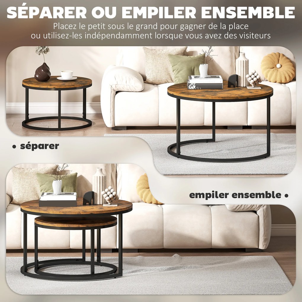 Conjunto de 2 mesas baixas encaixáveis e empilháveis, de design industrial, com tampo em imitação de cimento e pés em metal castanho rústico