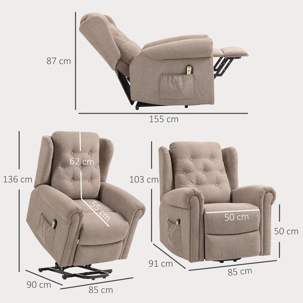 Poltrona Relax Reclinável Elétrica Poltrona Elevatória com Encosto Alto Capitonê Controlo Remoto 85x91x103 cm Castanha claro