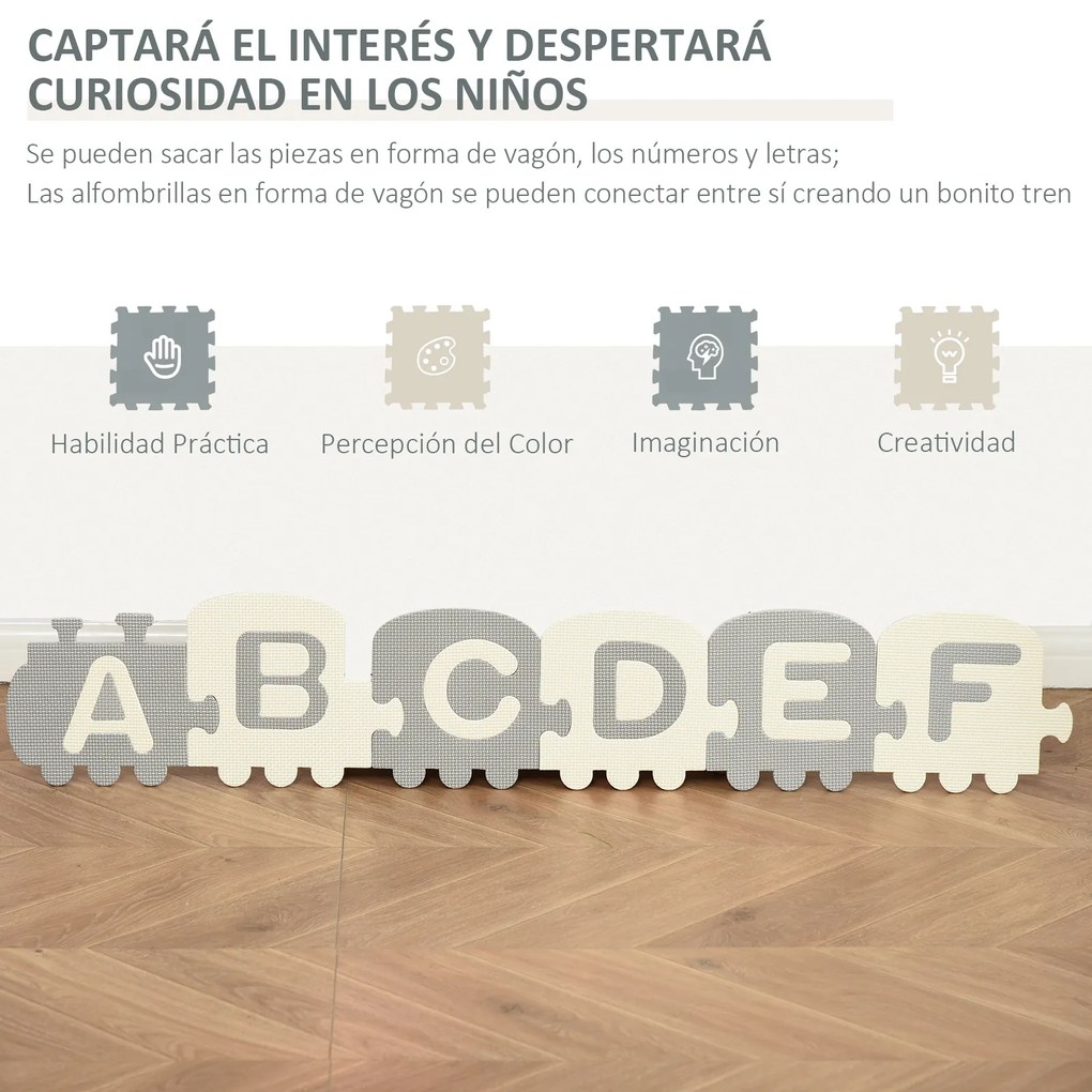 HOMCOM Tapete Puzzle para Bebés 36 Peças 31,5x31,5cm com 26 Letras (A-Z) e Números 0 ao 9 Quebra Cabeça Infantil de 3,24m² Espuma EVA Suave Cinza e Branco